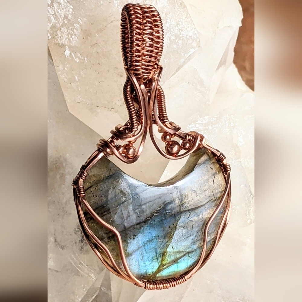 Ethereal Moon Pendant-Artisan-Blue Labradorite Gemstone-Copper Wire Wrap - Picture 9 of 17
